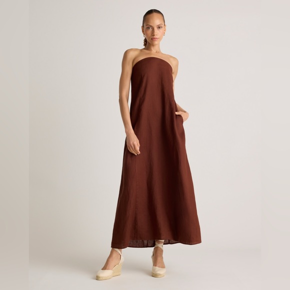 NWT Quince 100% European Linen Strapless Maxi Dress Brown - Picture 1 of 4